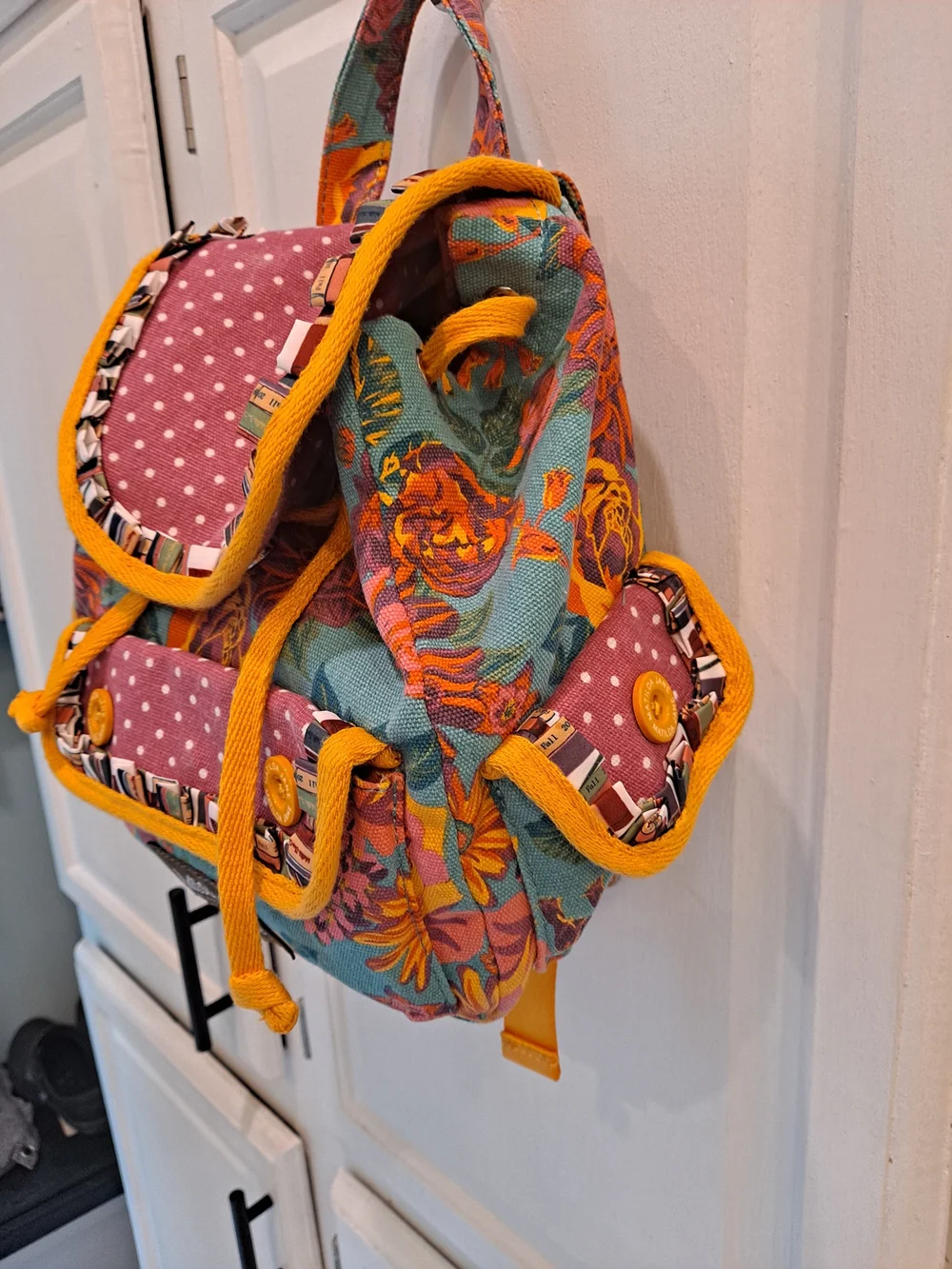 Matilda Jane Floral & Polka Dot Mini Backpack Pink Teal Yellow Book Ruffle Motif